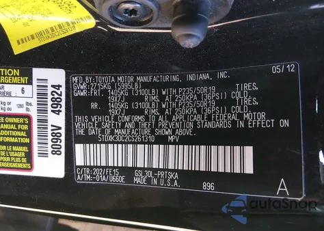2012 Toyota Sienna Se 8 Passenger z USA, uszkodzony, nr VIN 5TDXK3DC2CS261310